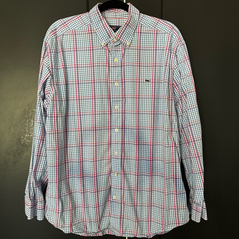 Vineyard Vines Men's Blue and Red Checkered Shirt
